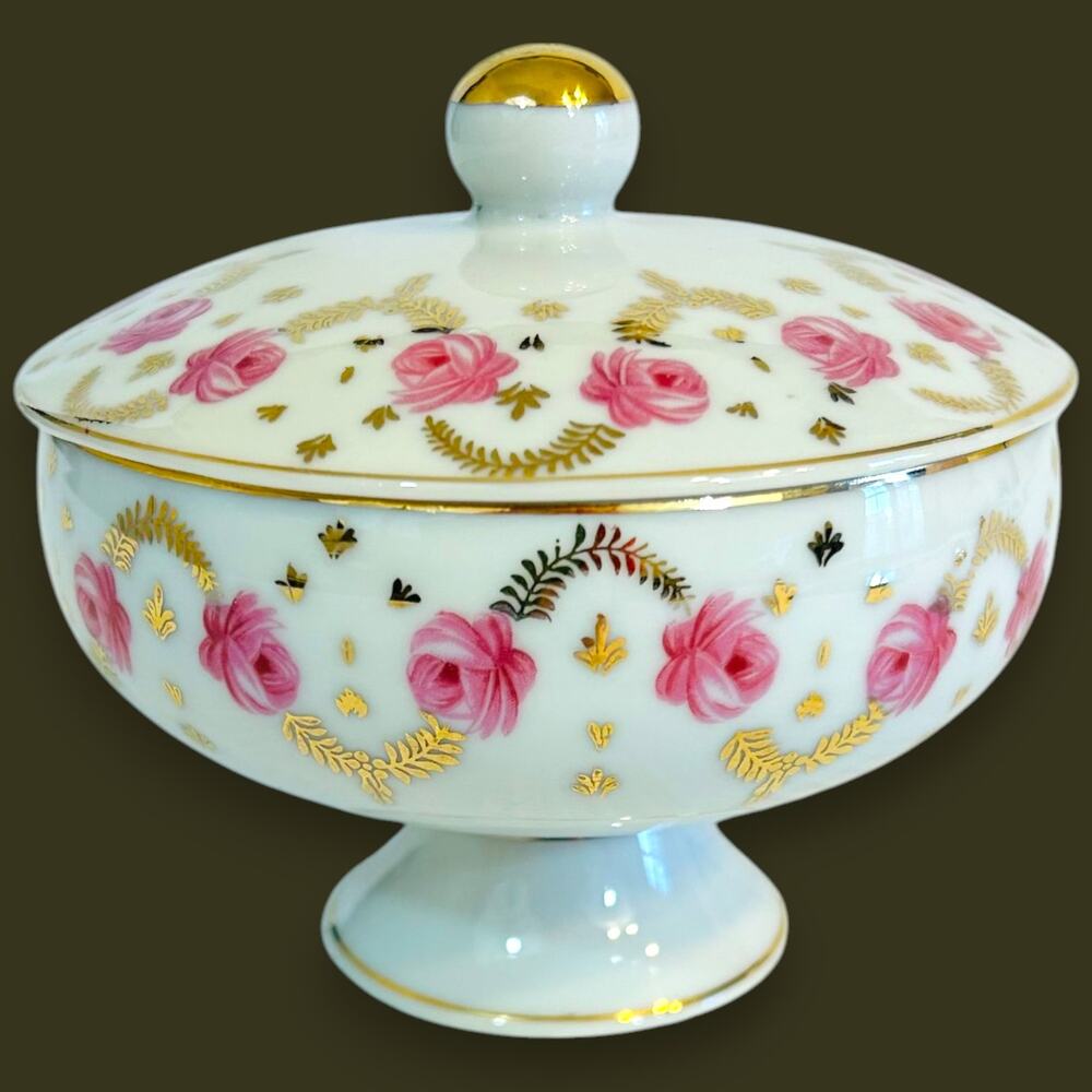 Pocelain Candy Dish Japan Lidded Pink Roses Gold Accents Lipper & Mann 30/12